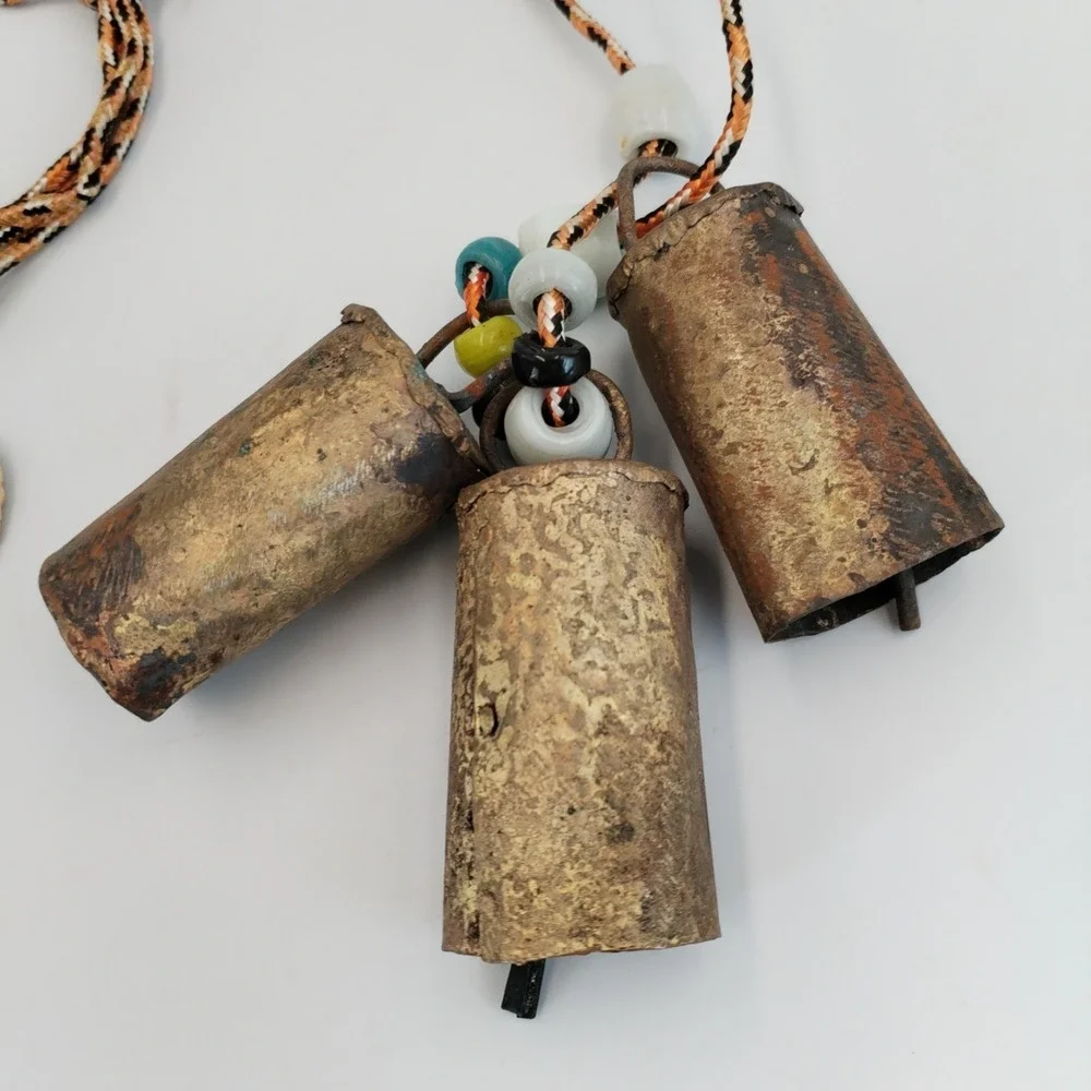 Vintage Rustic Harmony Cow Bells Cluster Set of 3 Brass Iron Boho Hanging Cord